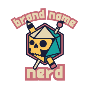 A 20 sided die with the face of a skull on one side. A pencil and a paint brush crisscross through the skull. Above the skul is curved letters it reads "brand name"; below the skull it says, "nerd".  