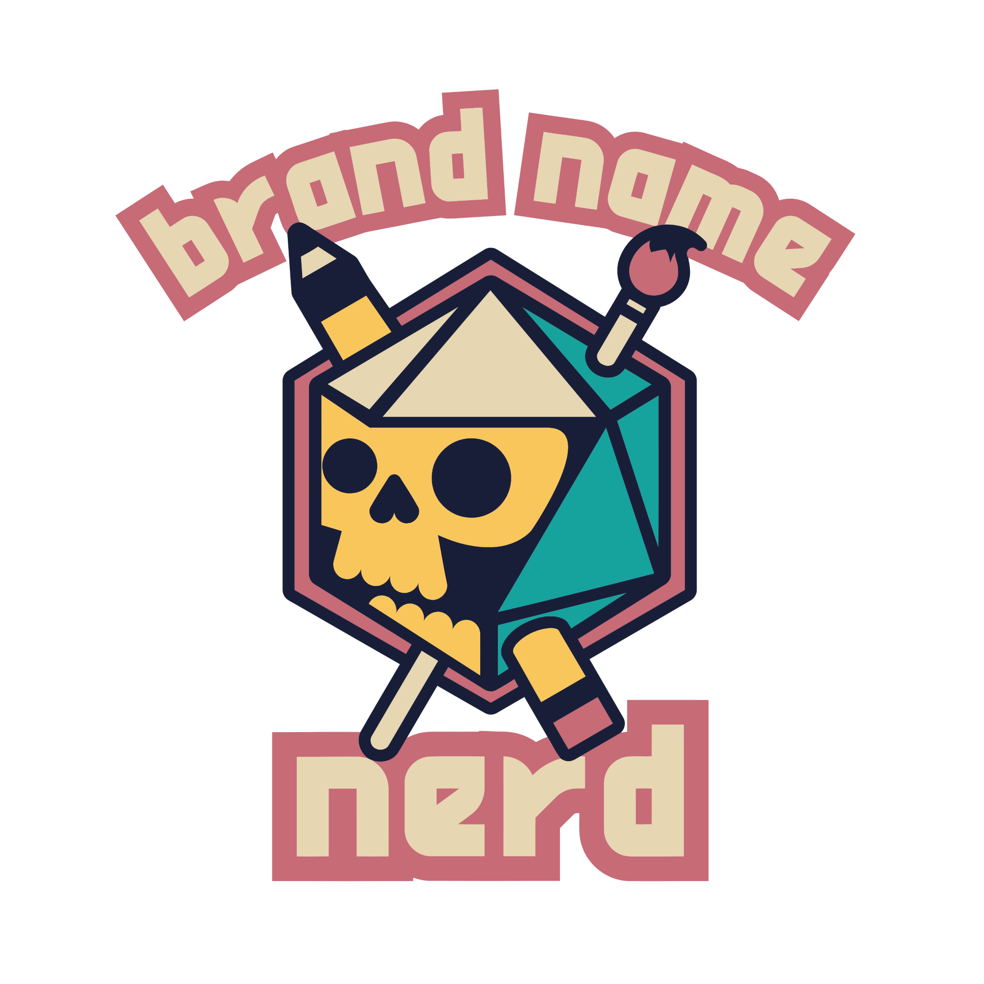 A 20 sided die with the face of a skull on one side. A pencil and a paint brush crisscross through the skull. Above the skul is curved letters it reads "brand name"; below the skull it says, "nerd".  